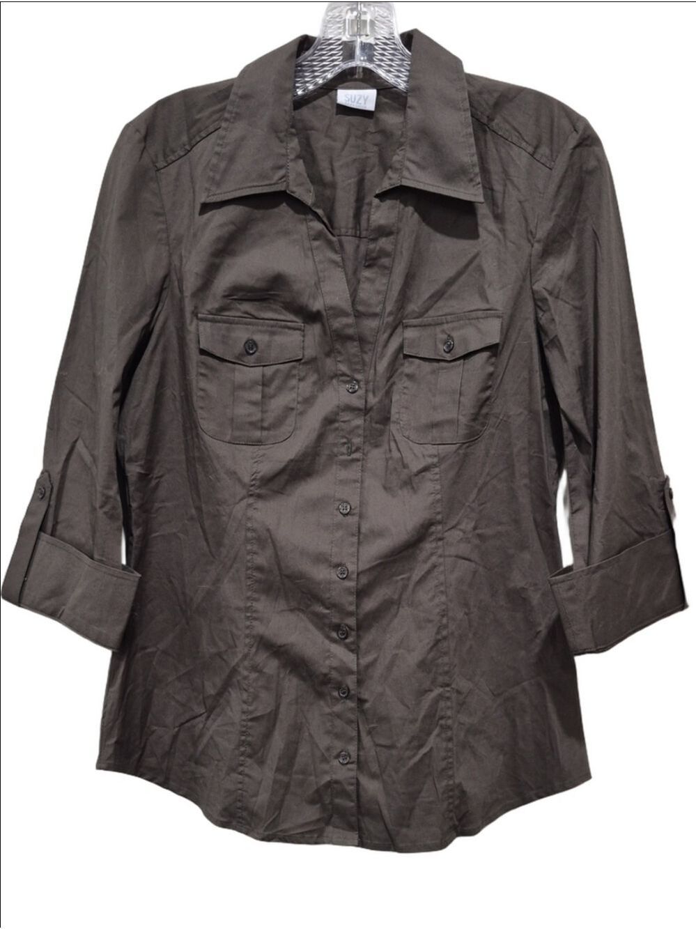 Suzy Shier Dark Olive Green Utility Button Front Blouse Shirt- Size M